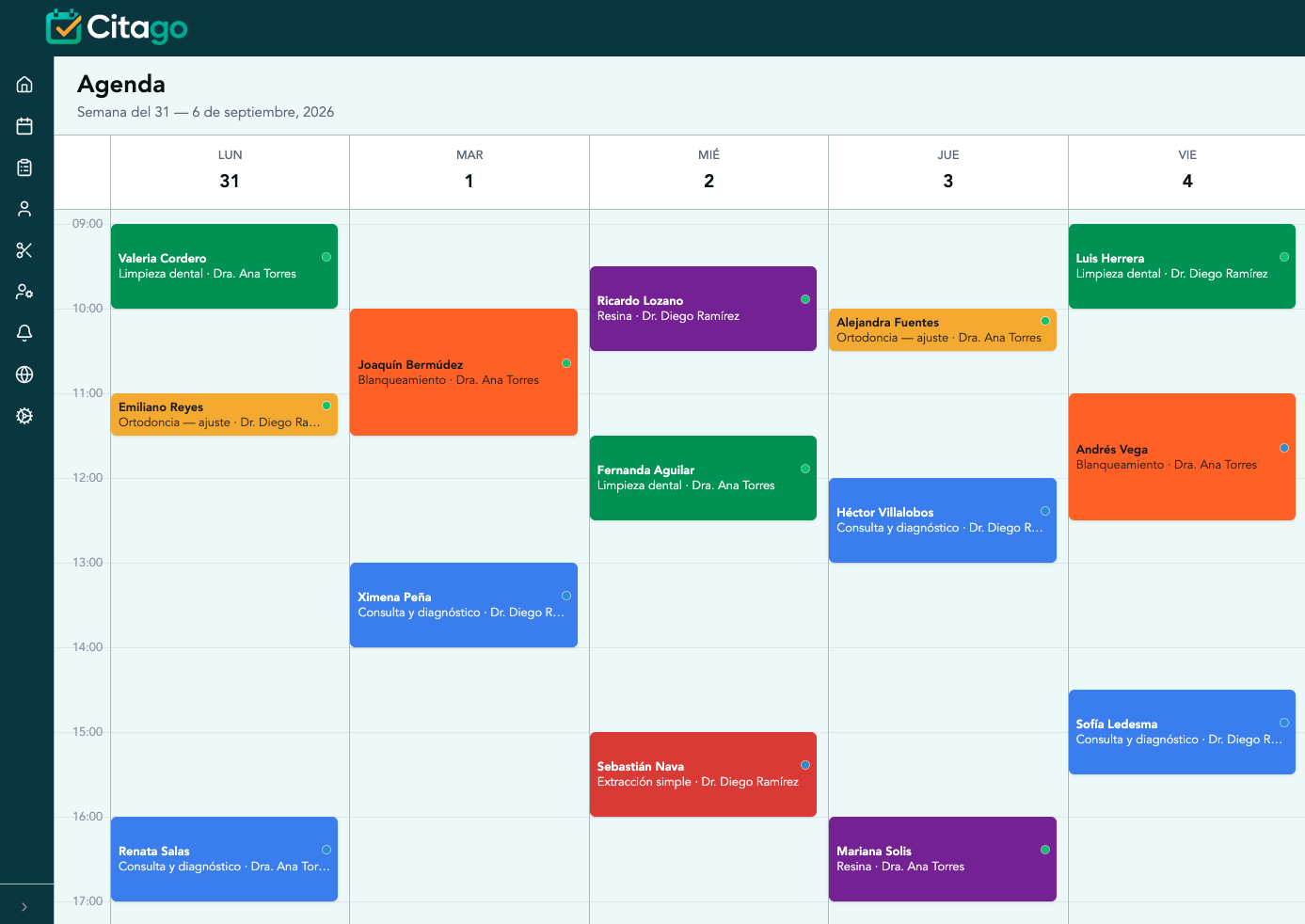 Panel de agenda de Citago con la vista semanal de citas y bloques de horario codificados por color