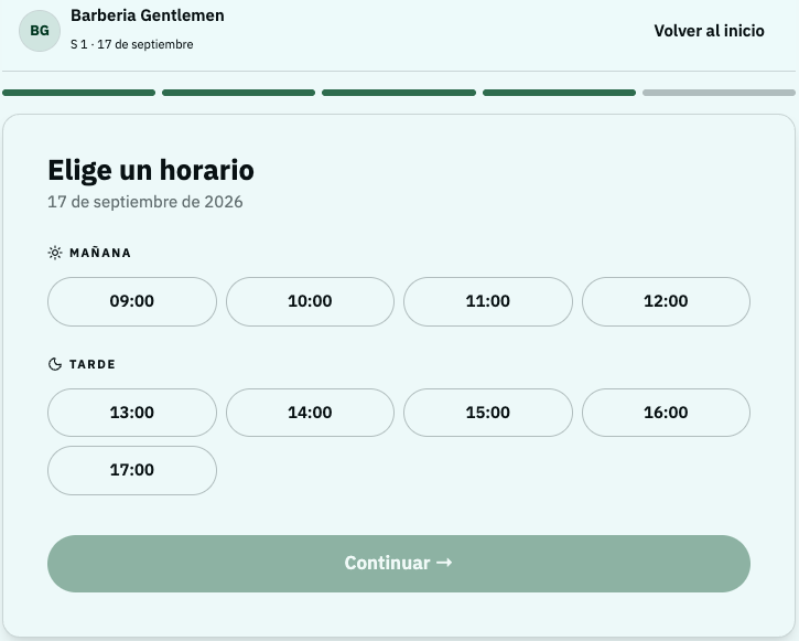 Portal de reservas de Citago mostrando el paso de elegir un horario disponible para la cita
